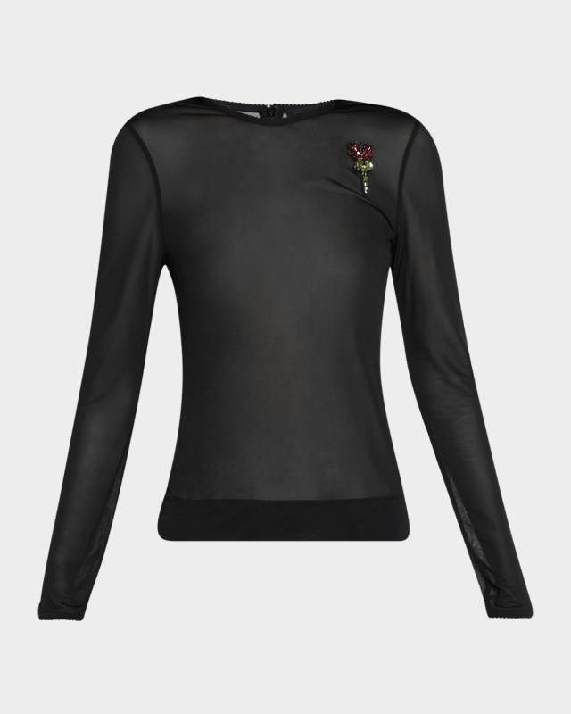 Sheer Fitted Ballet Mesh Crystal Rose Top